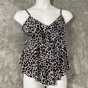 Aqua Green Tiered V-Neck Tankini Swim Top Animal Print Women's Size L Blk/Purple
